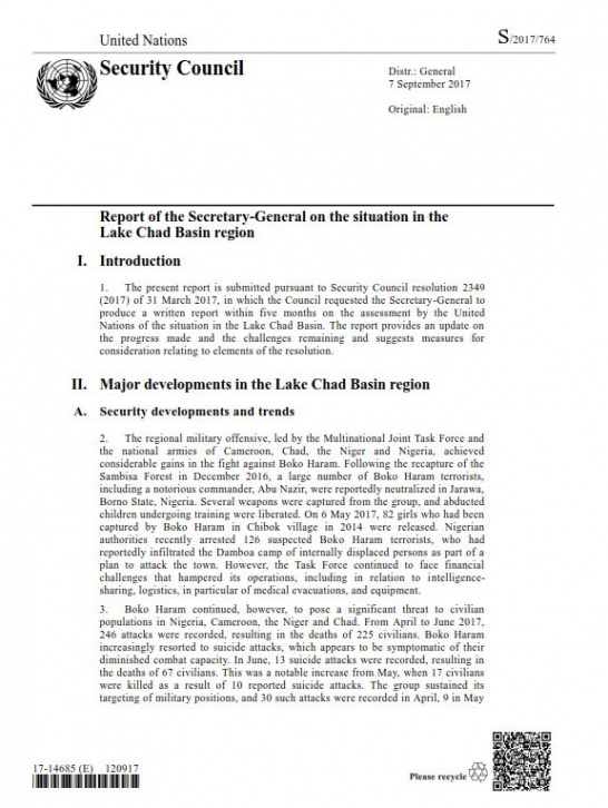 Lake Chad Basin Report by UN Secretary General - Security Council 2017