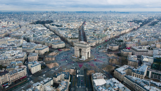 paris, france, arc de triomphe, aerial view