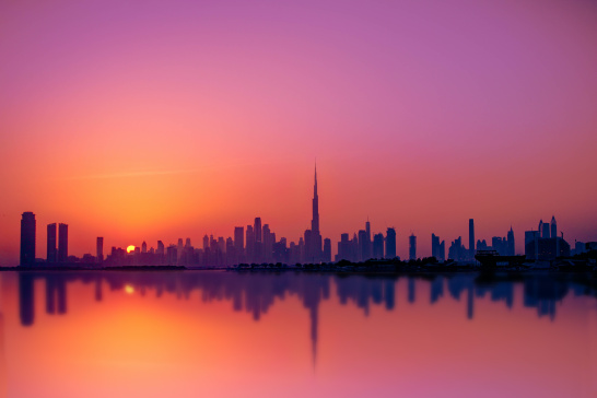 Dubai, United Arab Emirates, city, silhouette, buildings, sunset