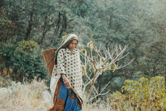 Woman with traditional clothes carrying a basket on her back, Nepal
