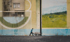 man pushes cart, wall mural, landscape, Iran