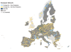 The geographical spread of the European network of protected areas. EU countries are coloured in dark grey, non-EU countries are light grey. Strictly protected areas are noted in light blue, less strictly protected areas are noted in yellow and new protected area corridors are noted in dark blue.  